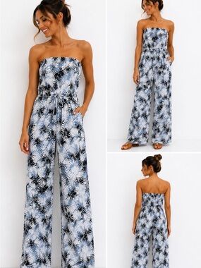 Women's Blue Leaf Print Jumpsuit